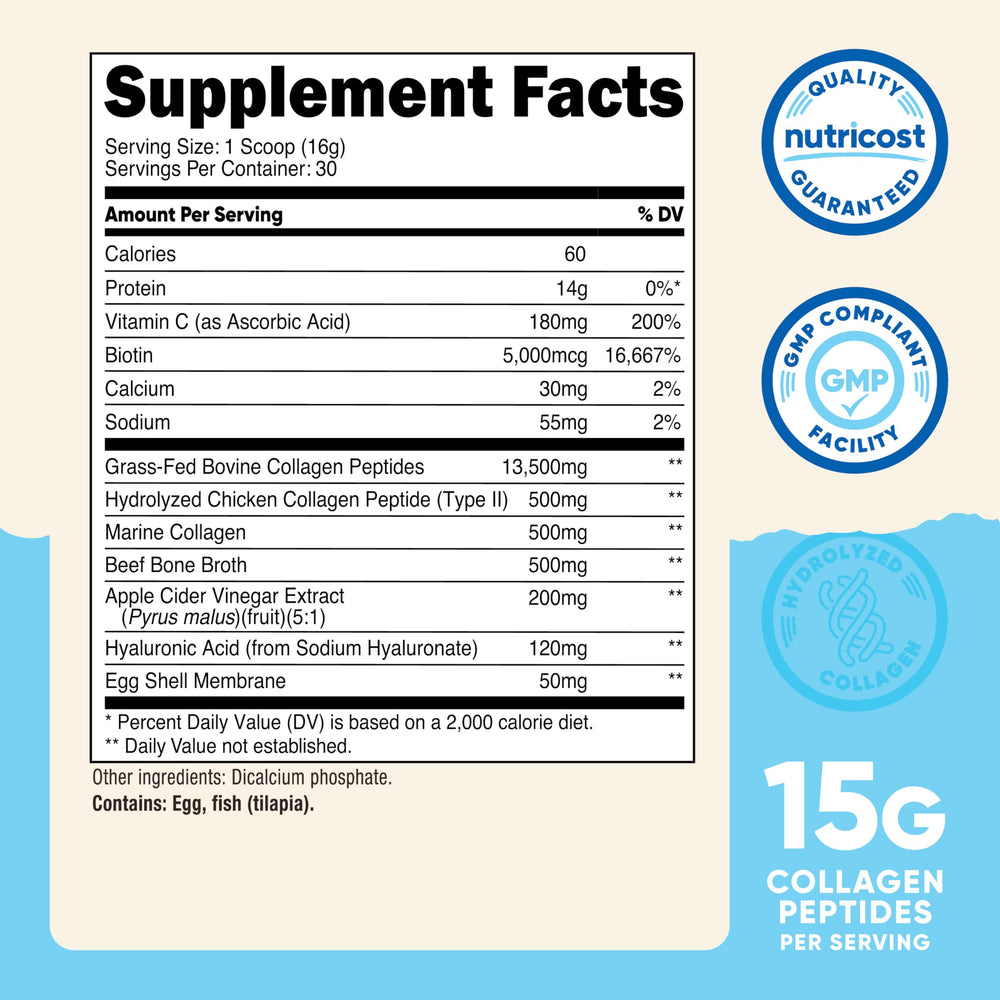 Nutricost Multi Collagen Protein Complex scoop beside the jar, easy to measure for daily use.