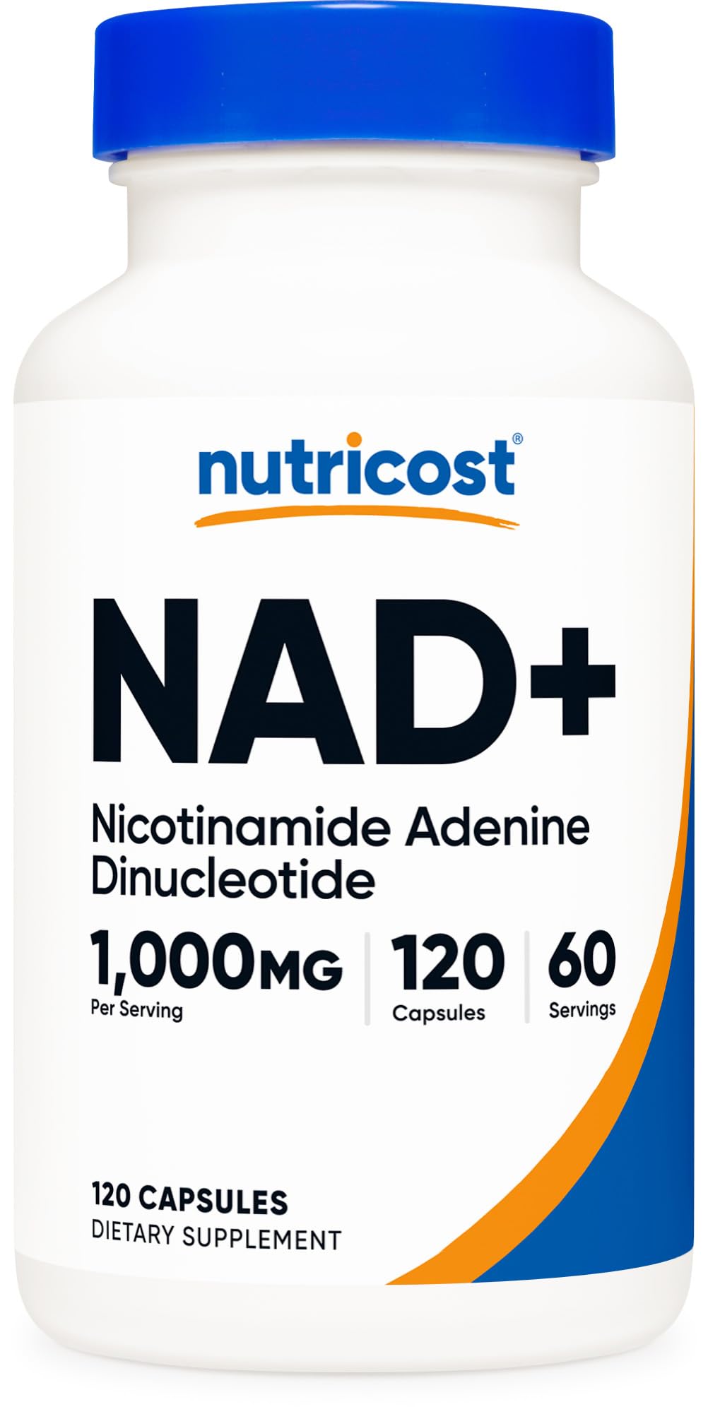 Nutricost NAD+ 1000 mg bottle highlighting per-serving strength for daily support.