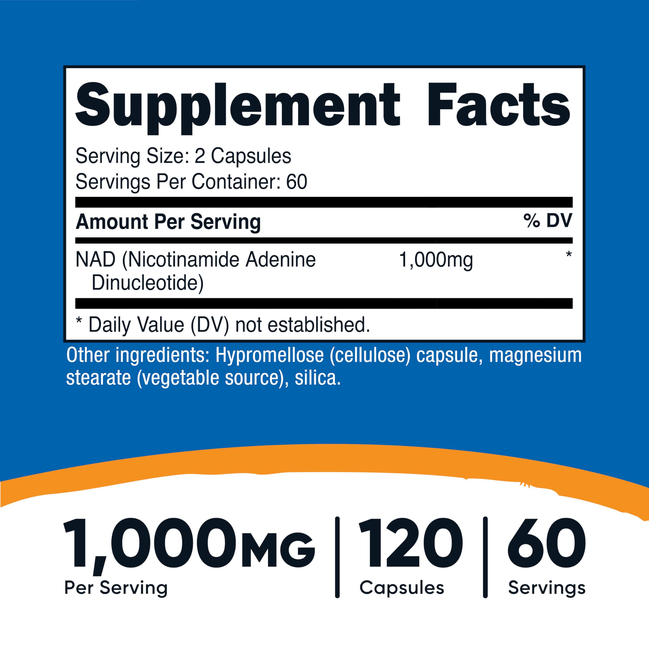 NAD+ capsules arranged to show a 60-serving supply for easy planning.