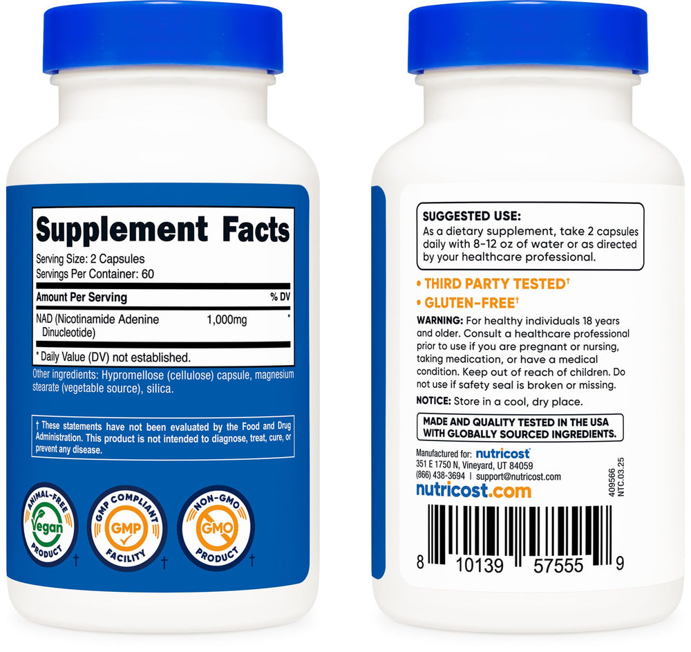 Close-up of NAD+ capsules ready for daily routines with Nutricost.