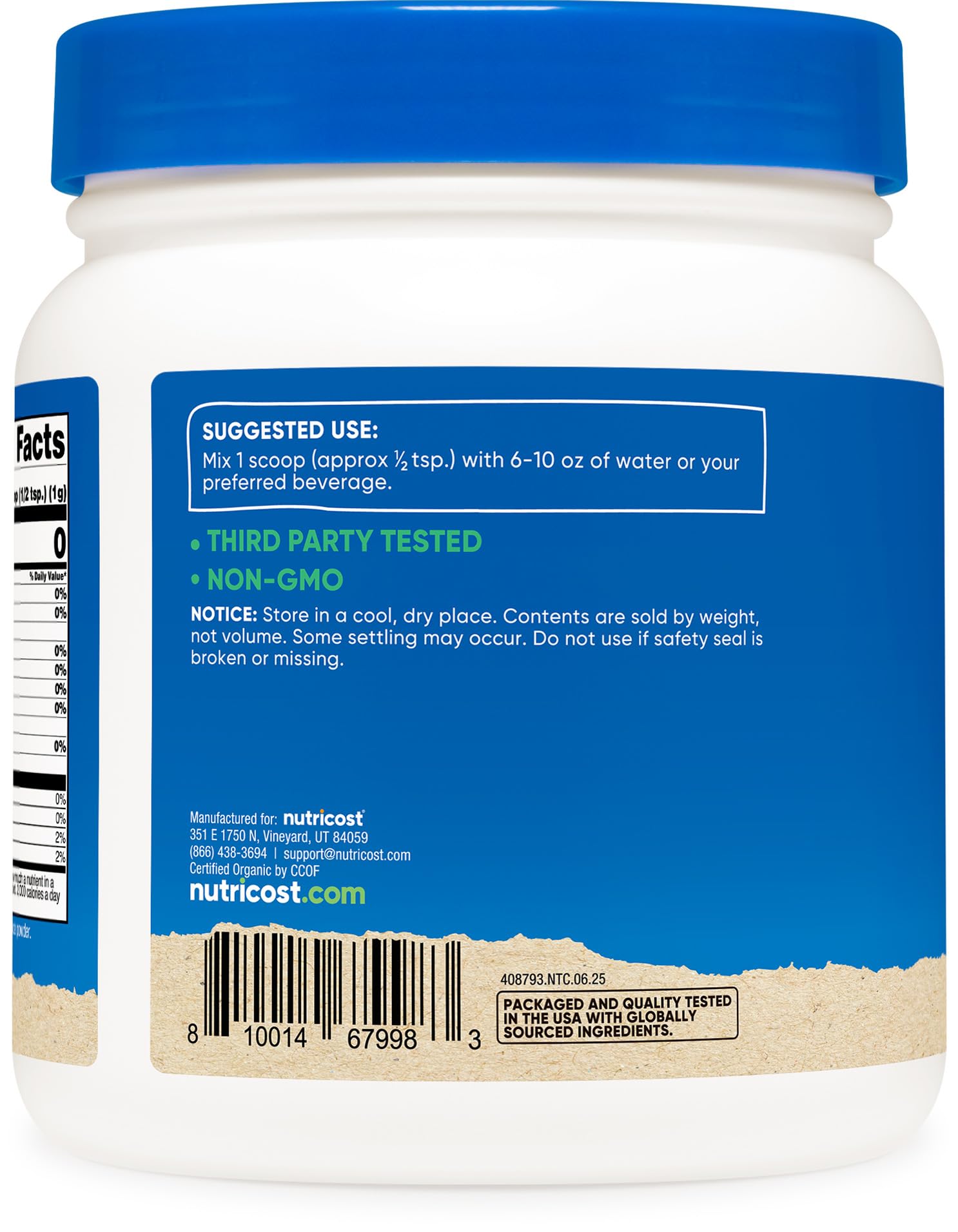 Nutricost organic barley grass powder label highlights gluten-free, vegan-friendly ingredients.