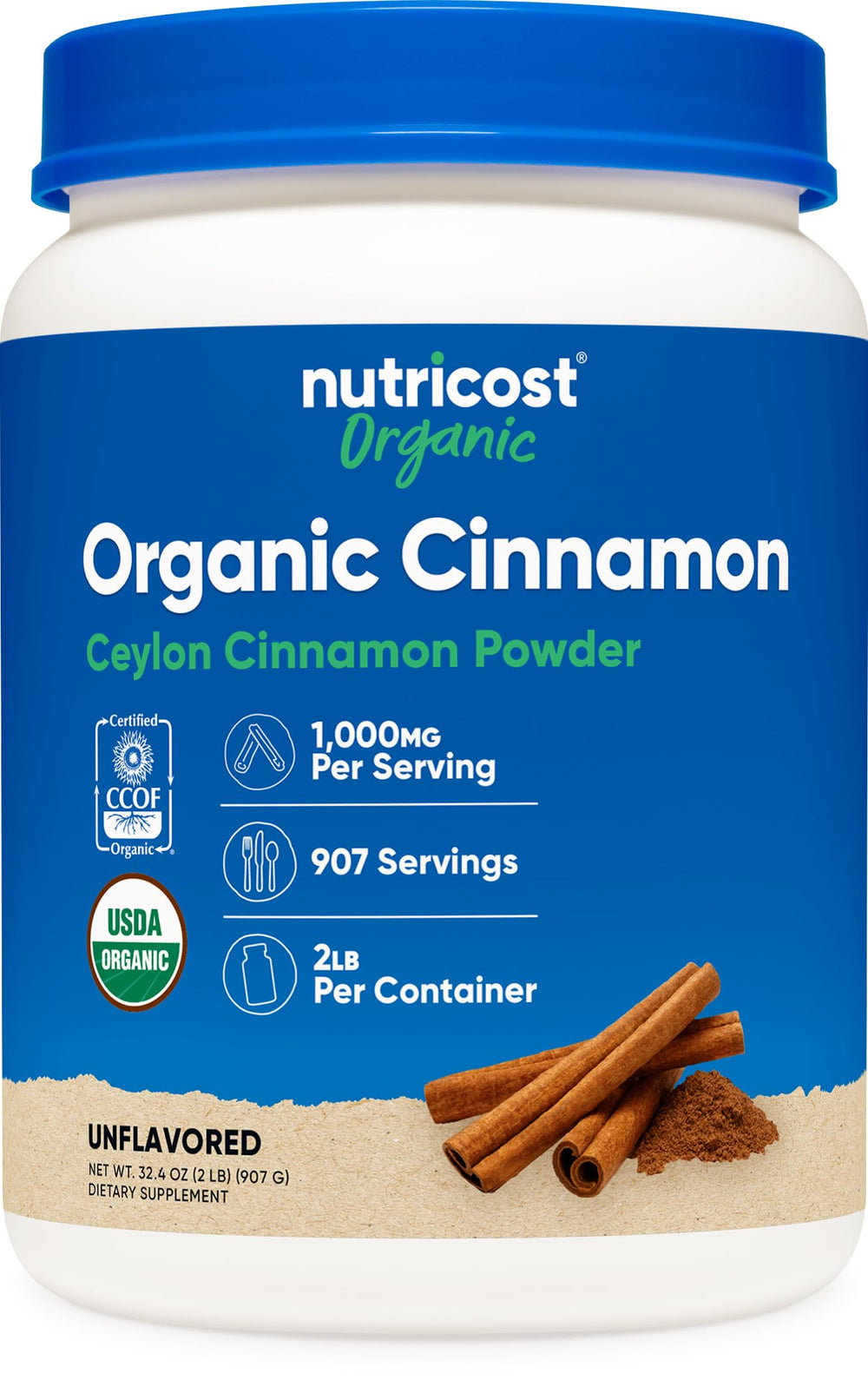 Nutricost Organic Ceylon Cinnamon Powder container highlights premium packaging and convenience