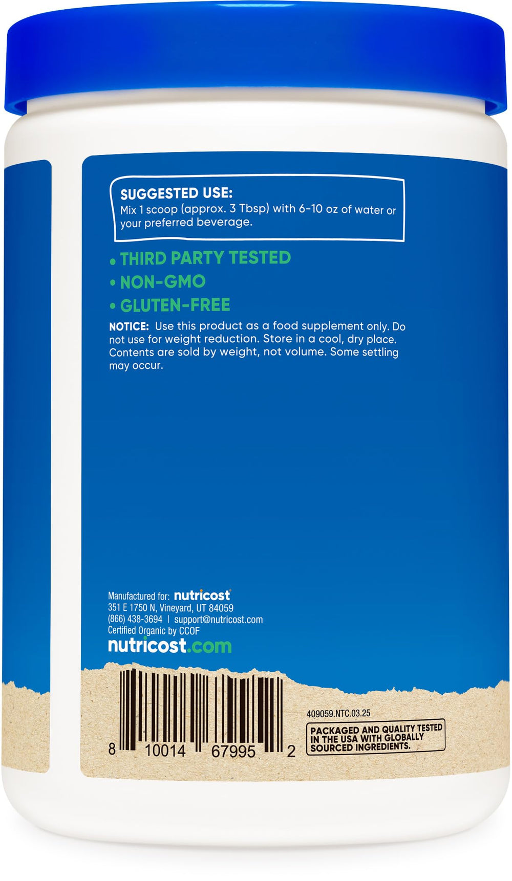 Nutricost Organic Egg White Protein bottle on counter with nutrition label visible