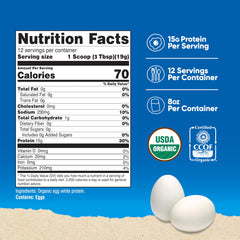 Nutricost Organic Egg White Protein label close-up showing 15g per serving
