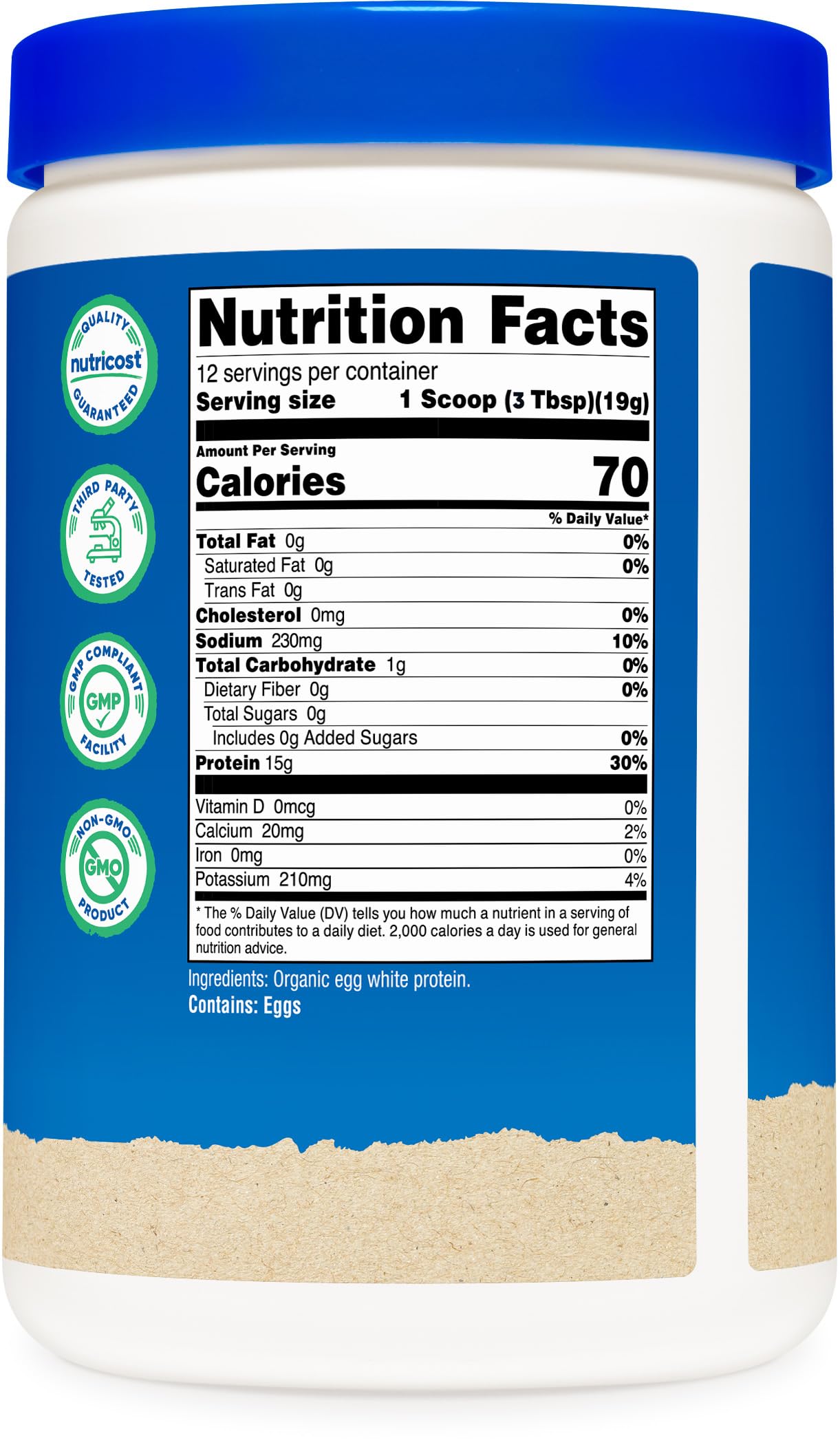 Packaging of Nutricost Organic Egg White Protein highlighting organic and GMO-free ingredients