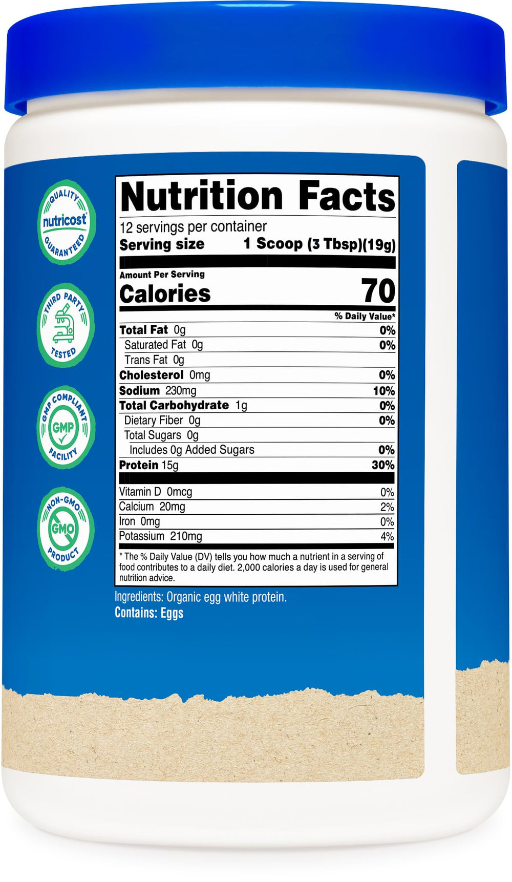 Packaging of Nutricost Organic Egg White Protein highlighting organic and GMO-free ingredients