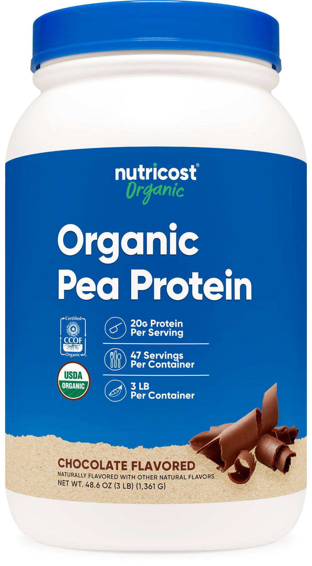 Nutricost Organic Pea Protein Powder Chocolate, front of bag, plant-based protein for shakes