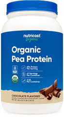 Nutricost Organic Pea Protein Powder Chocolate, front of bag, plant-based protein for shakes