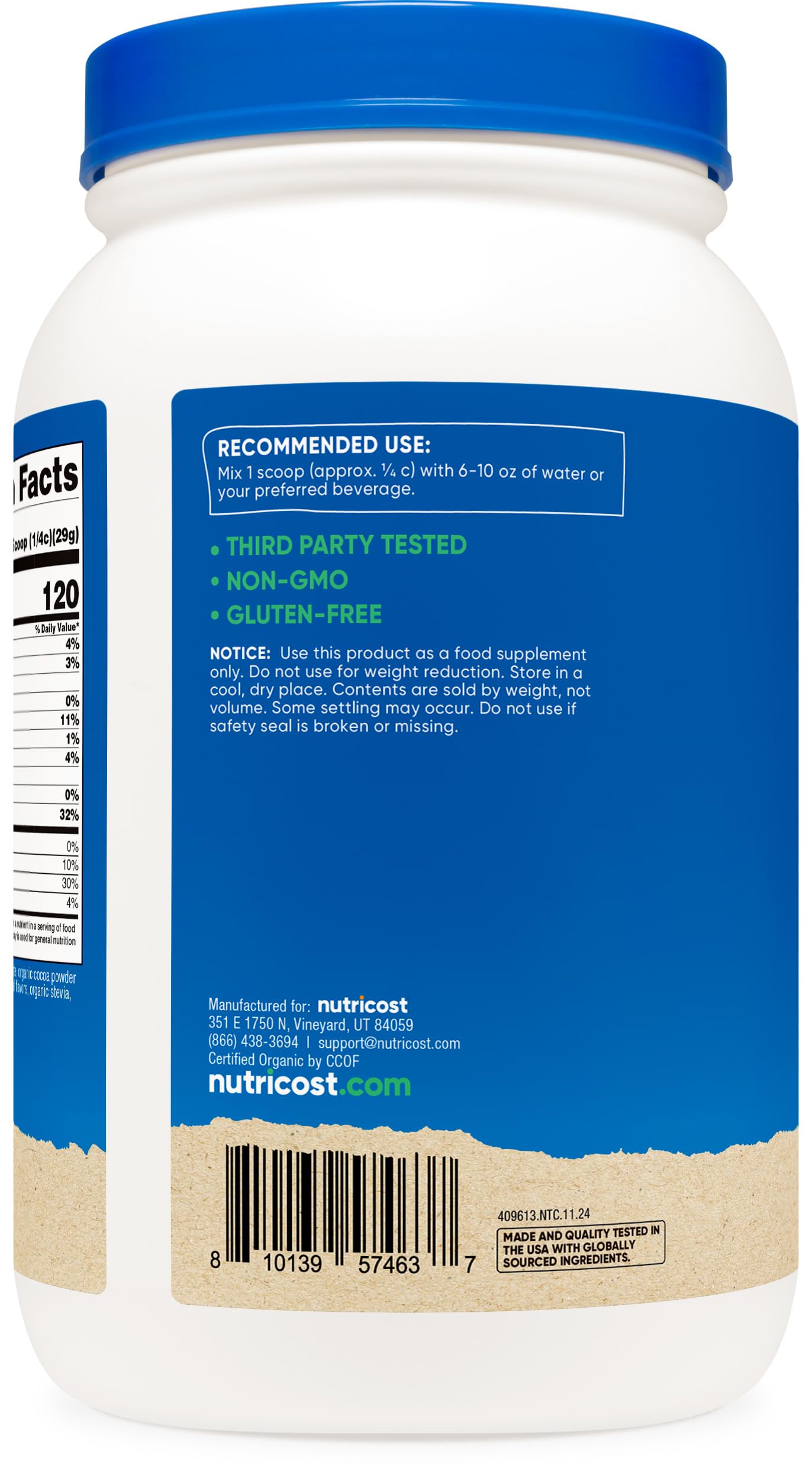 Nutricost Organic Pea Protein Powder Chocolate, nutrition panel shows 20 g per scoop