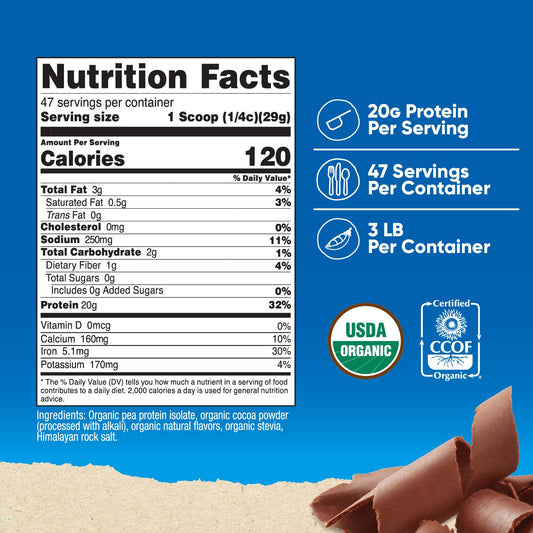 Nutricost Organic Pea Protein Powder Chocolate, scoop included for easy portioning