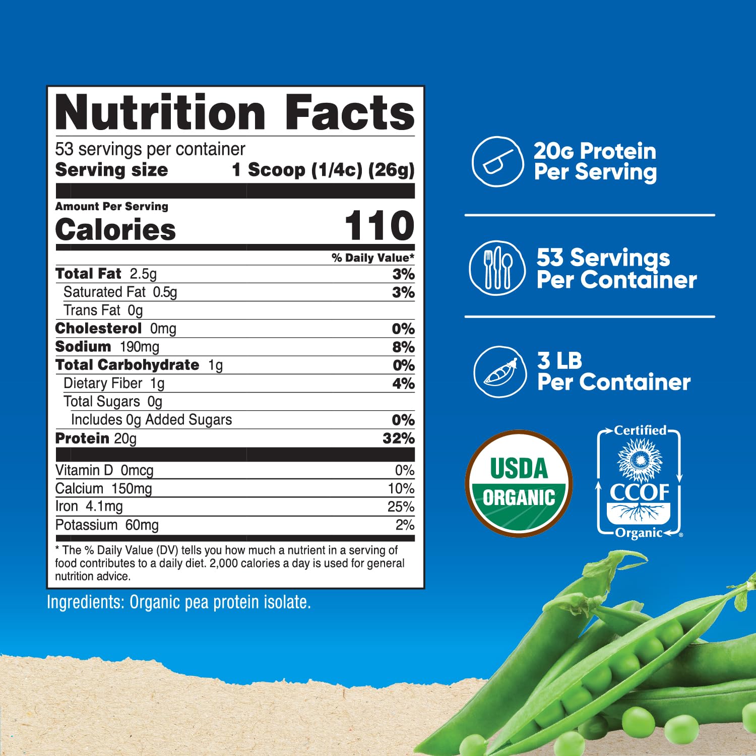 Nutricost Organic Pea Protein Powder scoop reveals 20 g protein per serving for energy