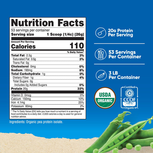 Nutricost Organic Pea Protein Powder scoop reveals 20 g protein per serving for energy