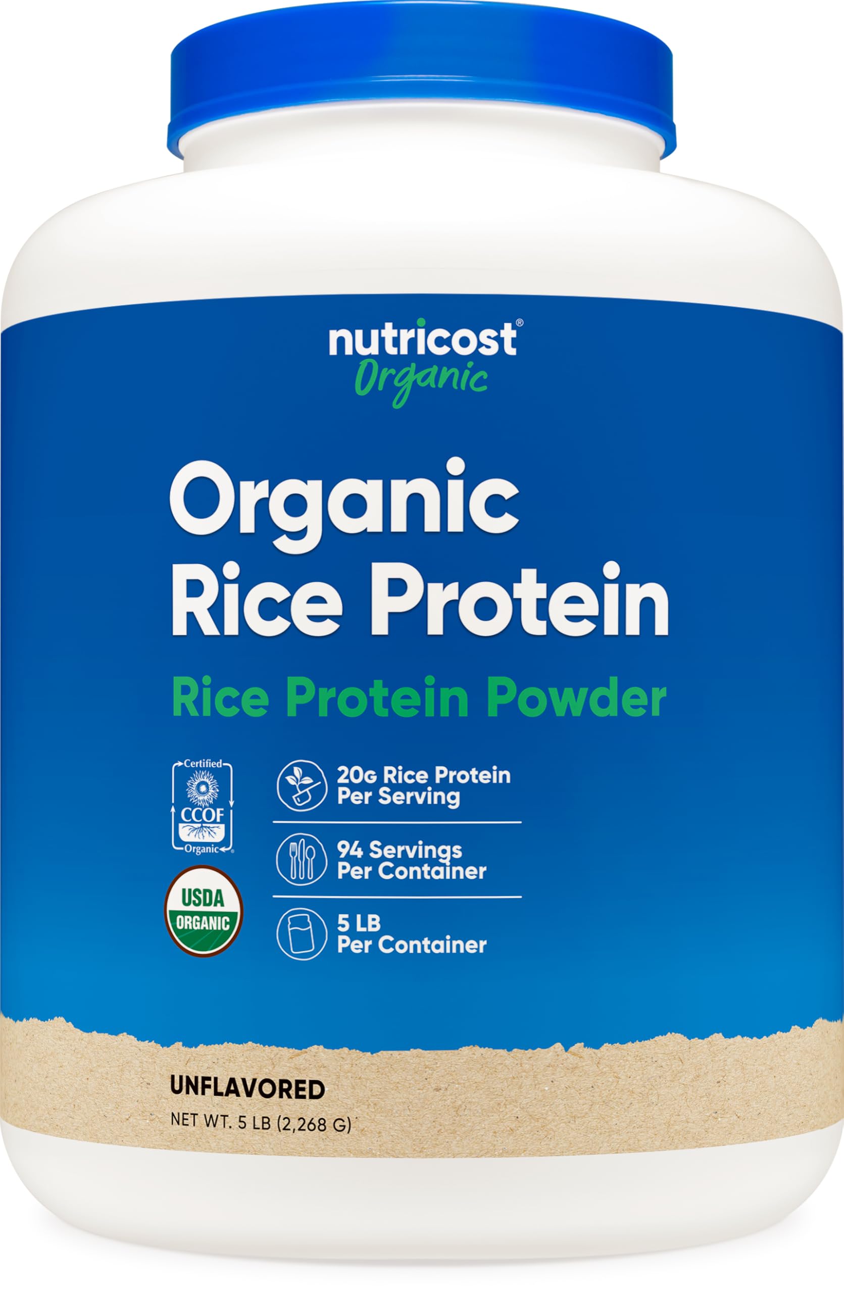 Nutricost Organic Rice Protein Powder bottle front, gluten-free plant-based option