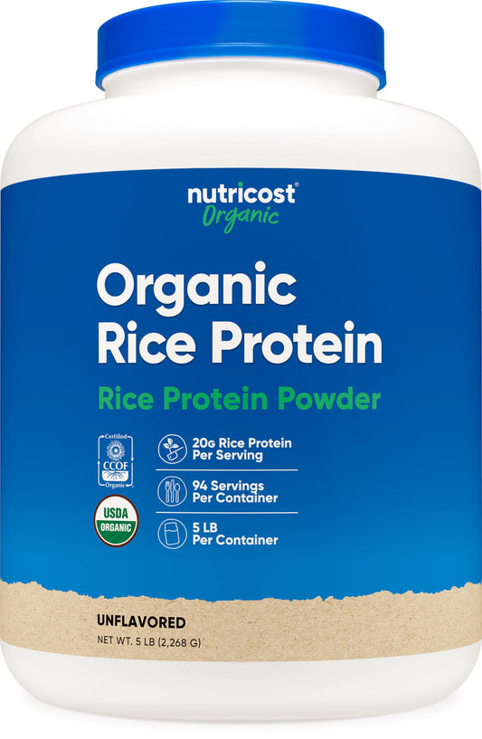 Nutricost Organic Rice Protein Powder bottle front, gluten-free plant-based option