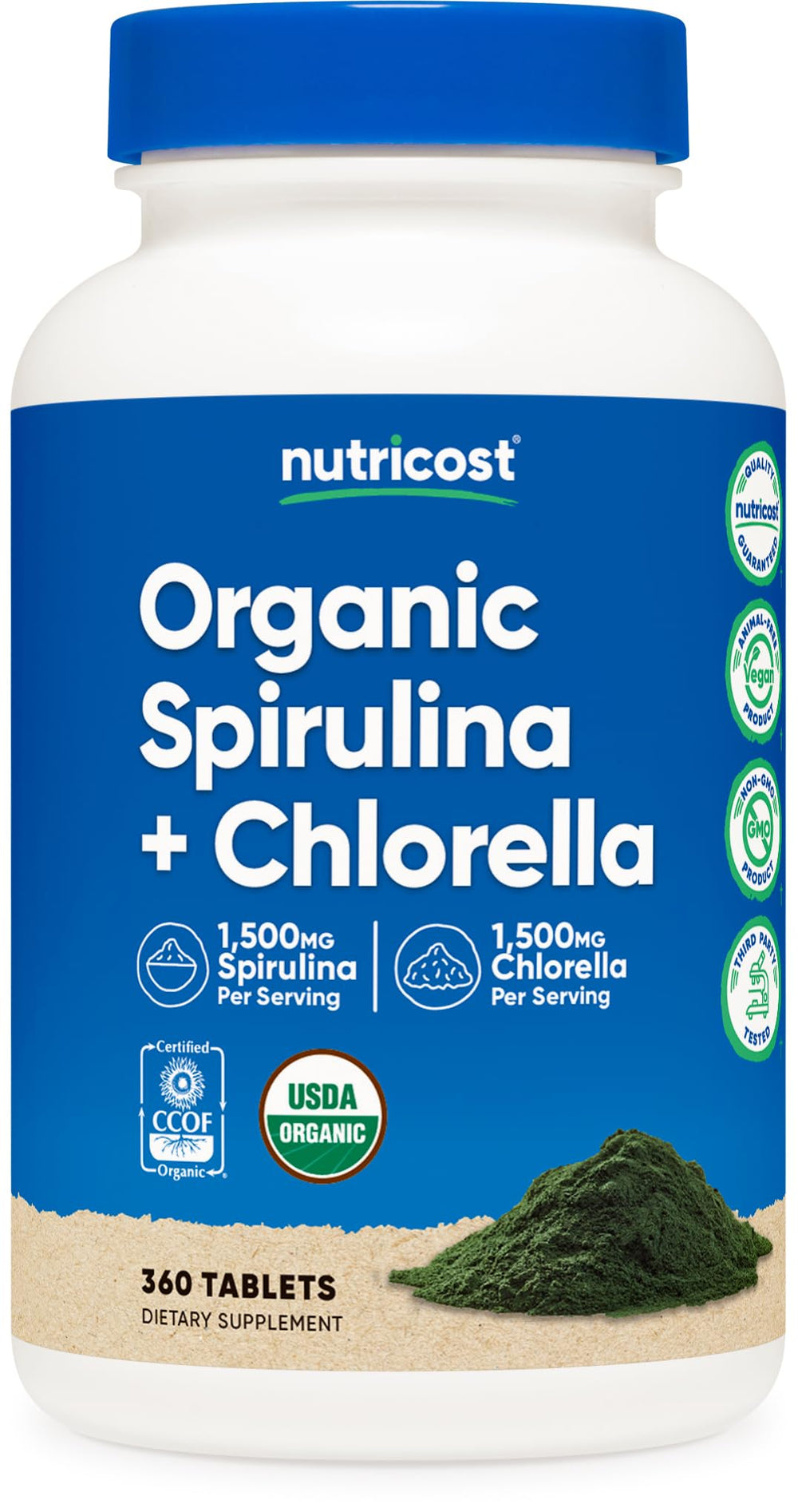 Nutricost Organic Spirulina + Chlorella bottle front view, two-month supply.