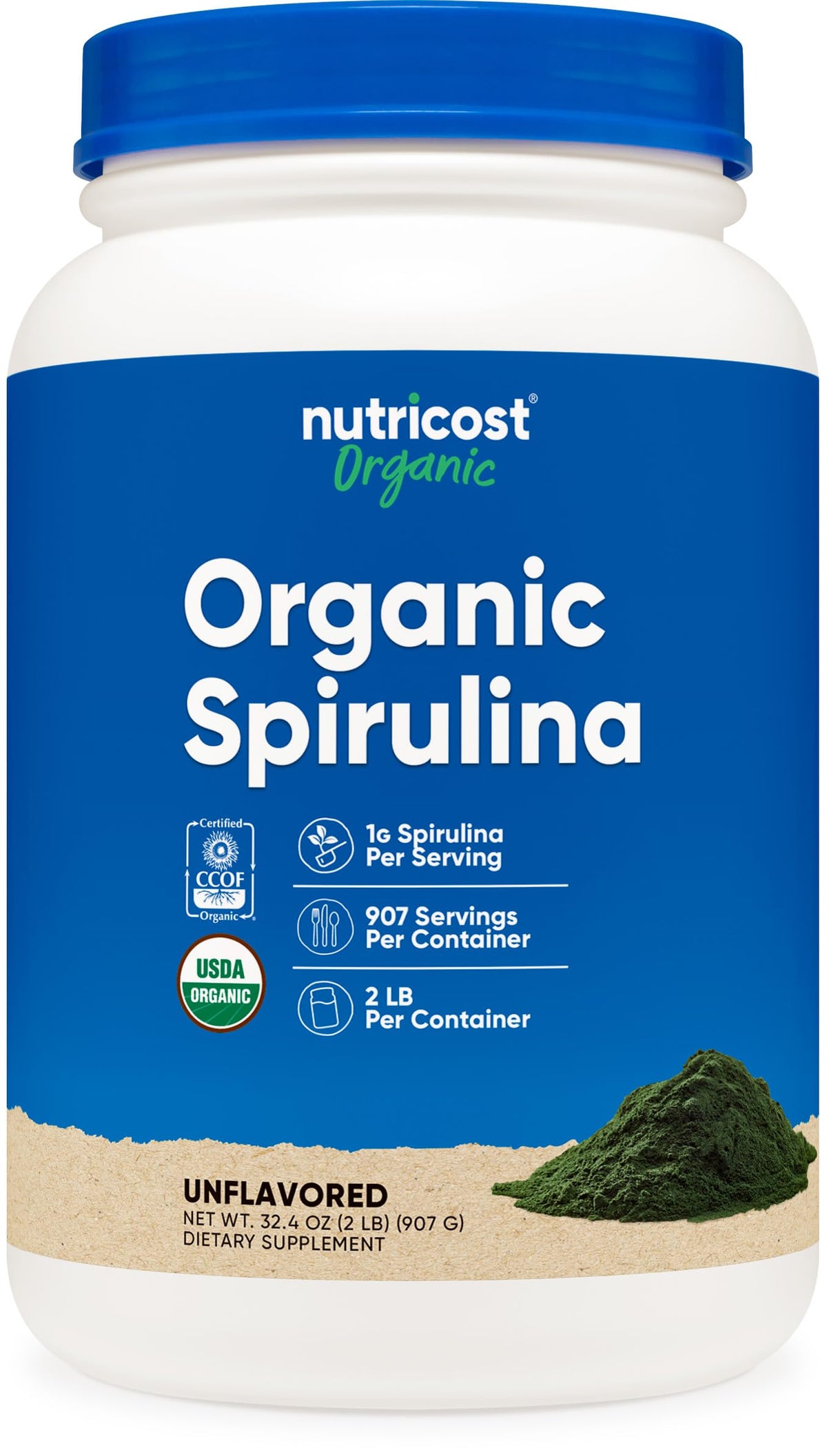 Nutricost Organic Spirulina Powder bottle with vibrant emerald powder for daily protein boost