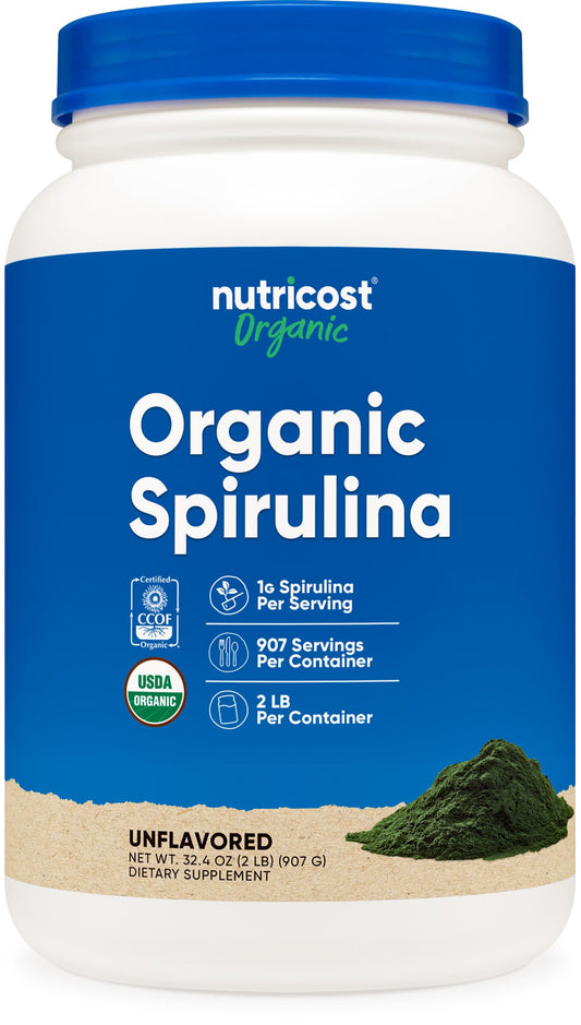 Nutricost Organic Spirulina Powder bottle with vibrant emerald powder for daily protein boost