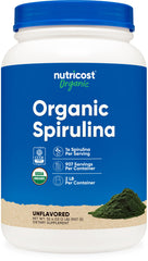 Nutricost Organic Spirulina Powder bottle with vibrant emerald powder for daily protein boost