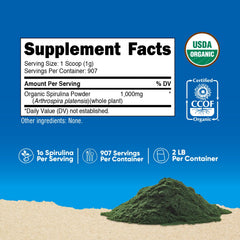 Nutricost spirulina powder scoop measuring a serving for smoothies