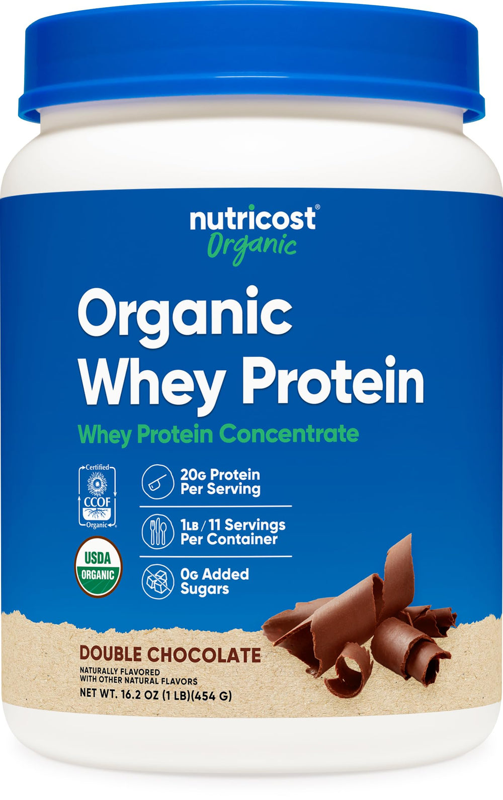 Nutricost Organic Whey Double Chocolate 1lb bottle highlights indulgent flavor for convenient daily protein