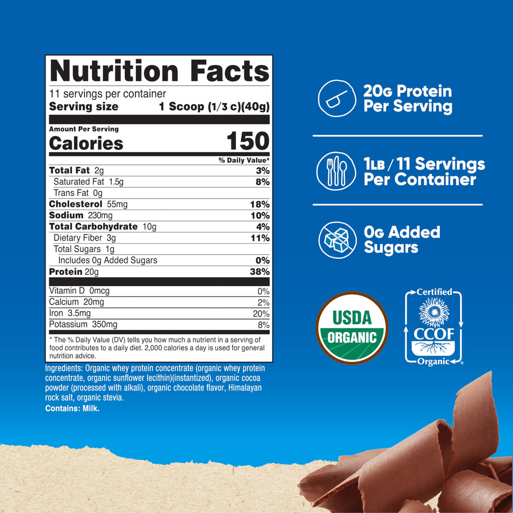 Nutricost Organic Whey Double Chocolate powder scoop emphasizes easy mixing for tasty shakes