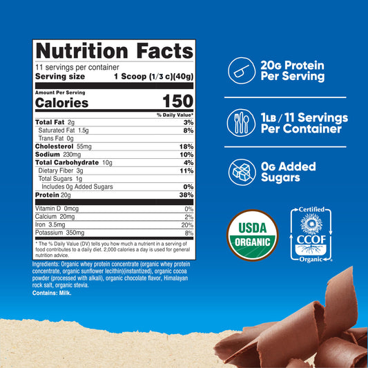 Nutricost Organic Whey Double Chocolate powder scoop emphasizes easy mixing for tasty shakes