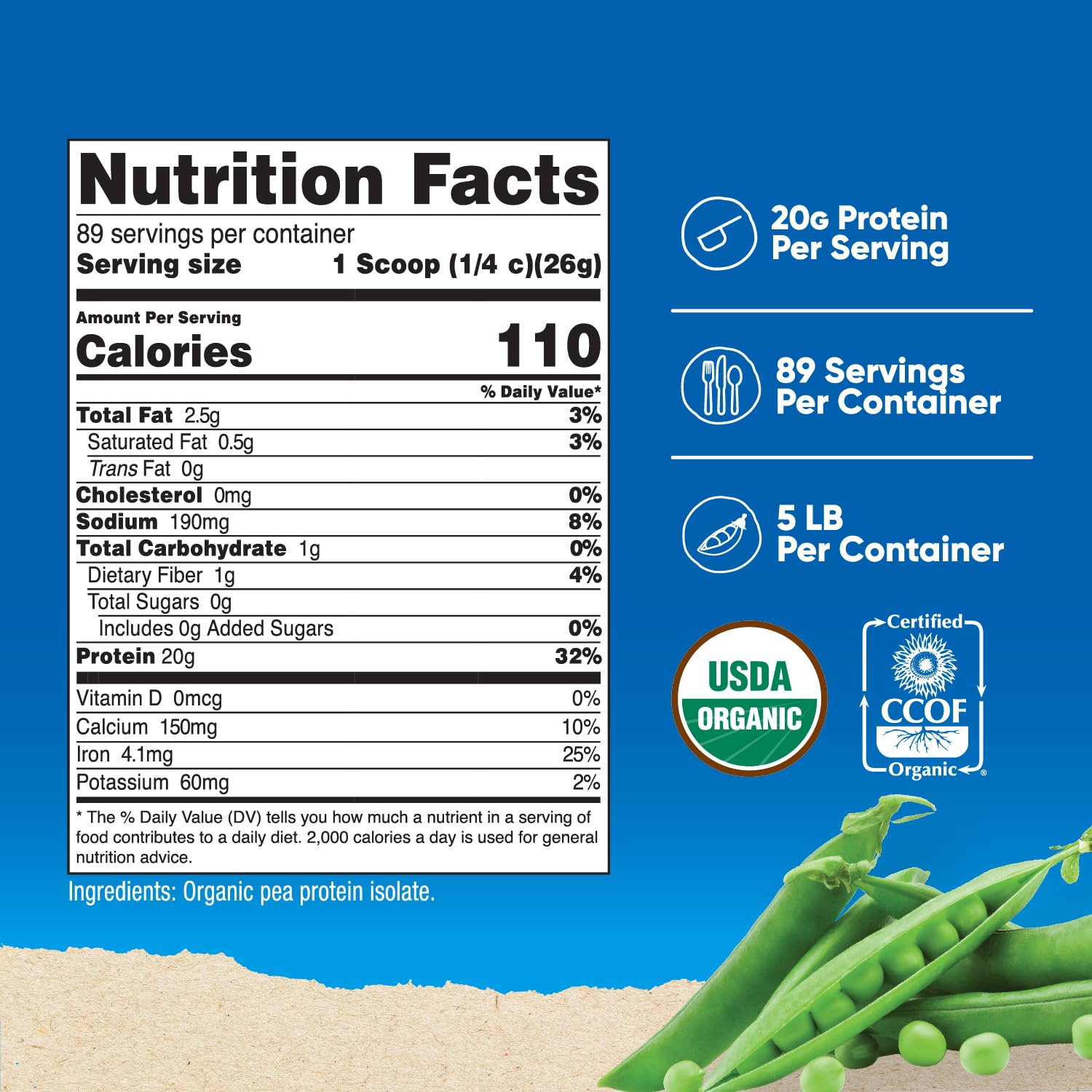 Nutricost pea protein scoop showing 20 g protein per serving