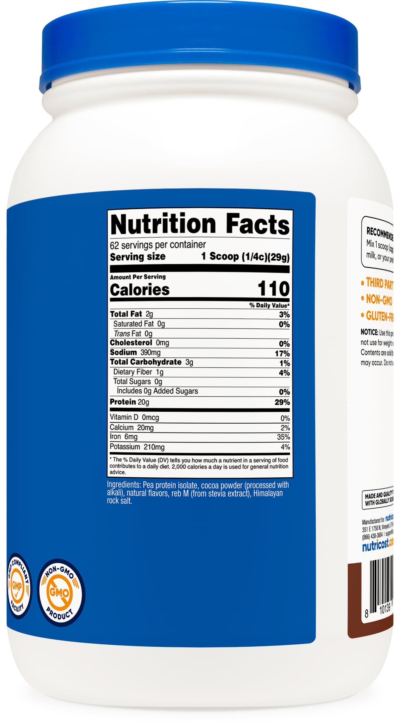 Nutricost pea protein powder chocolate facility tag showing NSF, GMP, and FDA compliance.