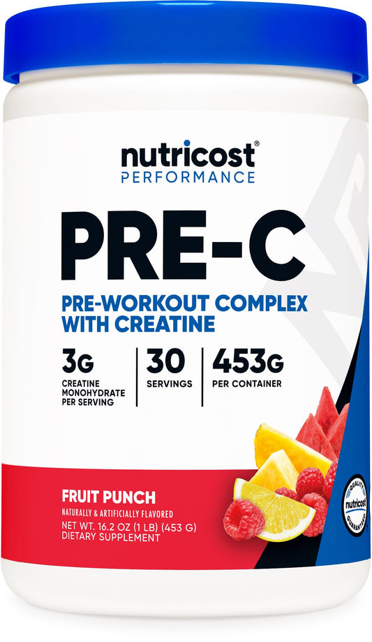 Nutricost Pre-C pre-workout fruit punch bottle for sustained workout energy