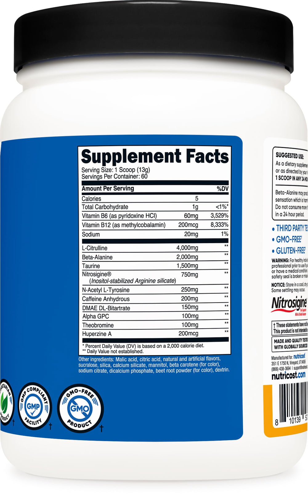Nutricost pre-workout complex NSF GMP third-party testing badge