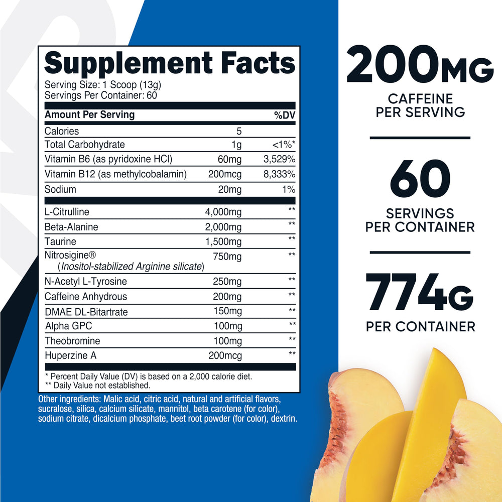 Nutricost pre-workout complex peach mango mixed in water for focus