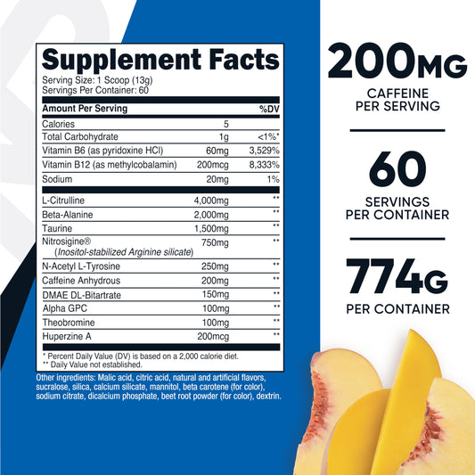 Nutricost pre-workout complex peach mango mixed in water for focus