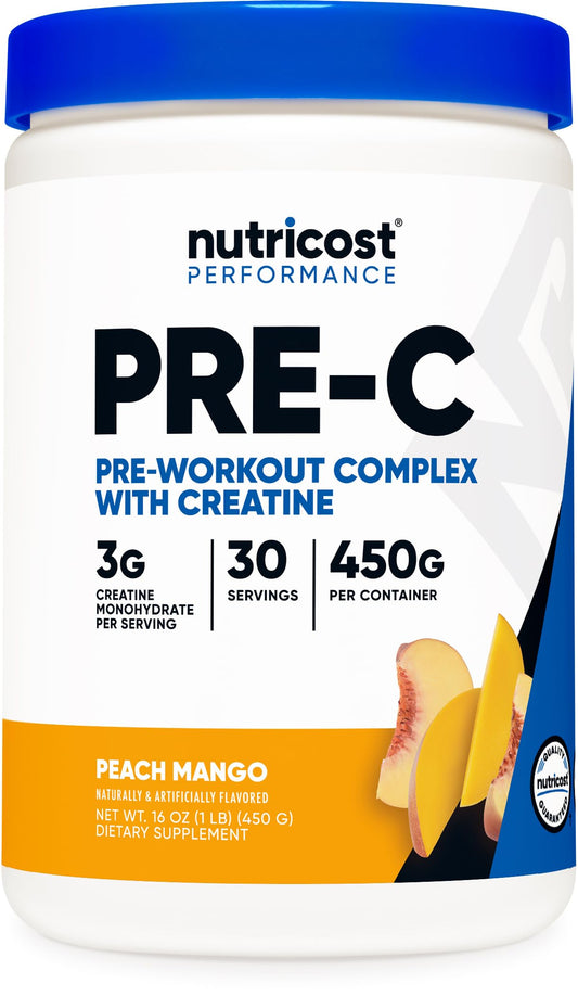 Nutricost pre-workout peach mango bottle with creatine for sustained energy during workouts