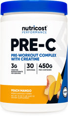 Nutricost pre-workout peach mango bottle with creatine for sustained energy during workouts