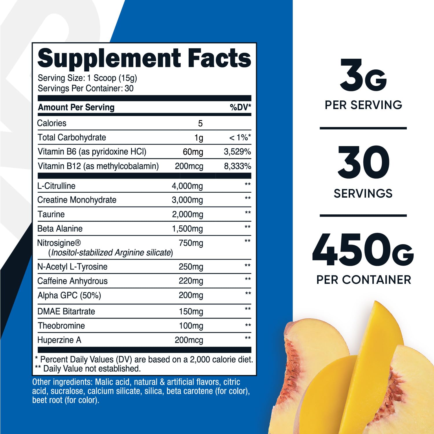 Nutricost pre-workout peach mango scoop showing easy portion for quick energy before training