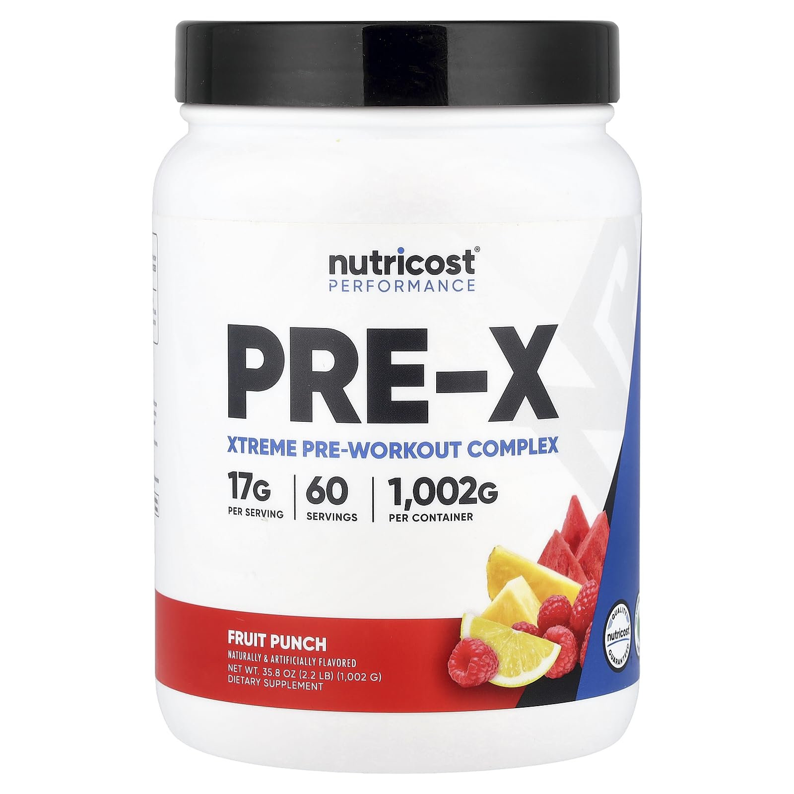Nutricost Pre-X Fruit Punch tub with branding for energized workouts