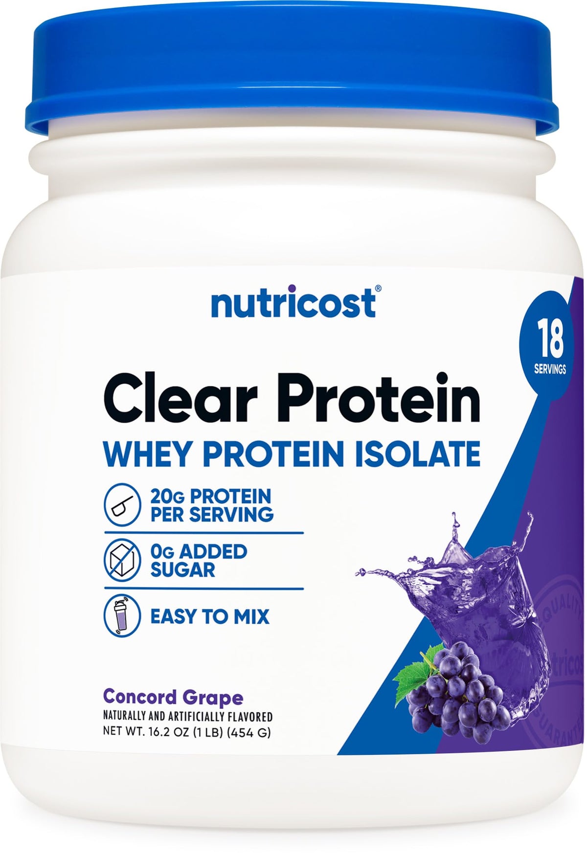 Nutricost proteínate de suero aislada en bote con sabor uva Concord para batidos claros.