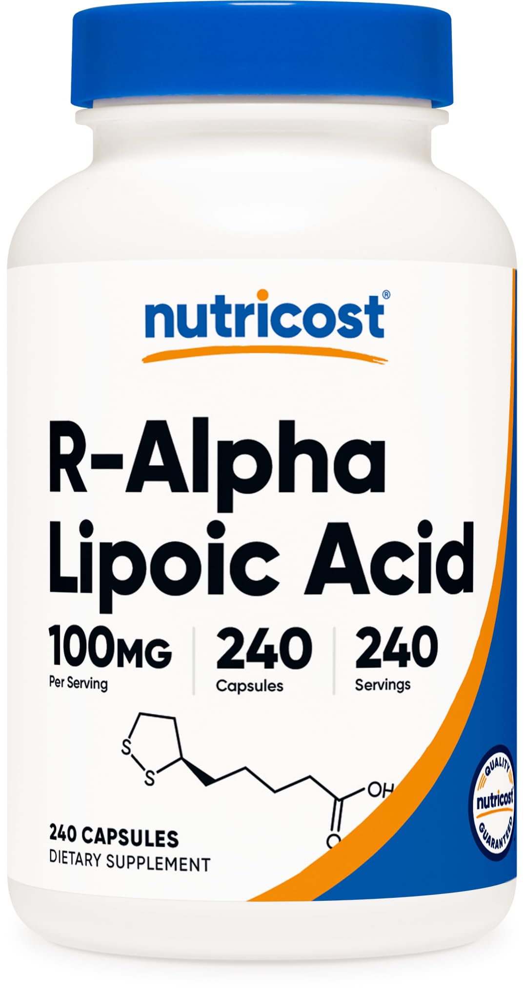 Nutricost R-ALA bottle showing 100 mg per capsule for easy daily use.