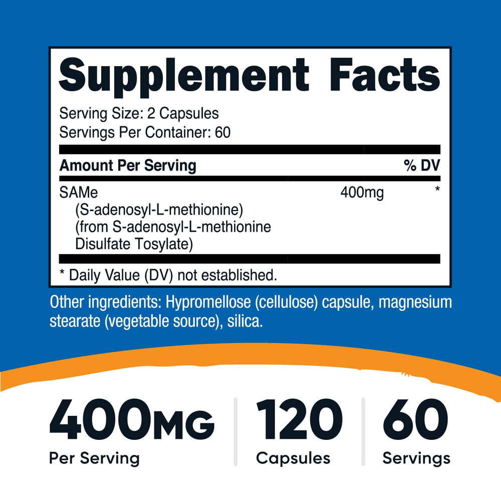 Nutricost SAM-e capsules 120-count highlighting vegetarian-friendly supplement