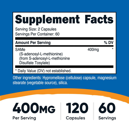 Nutricost SAM-e capsules 120-count highlighting vegetarian-friendly supplement