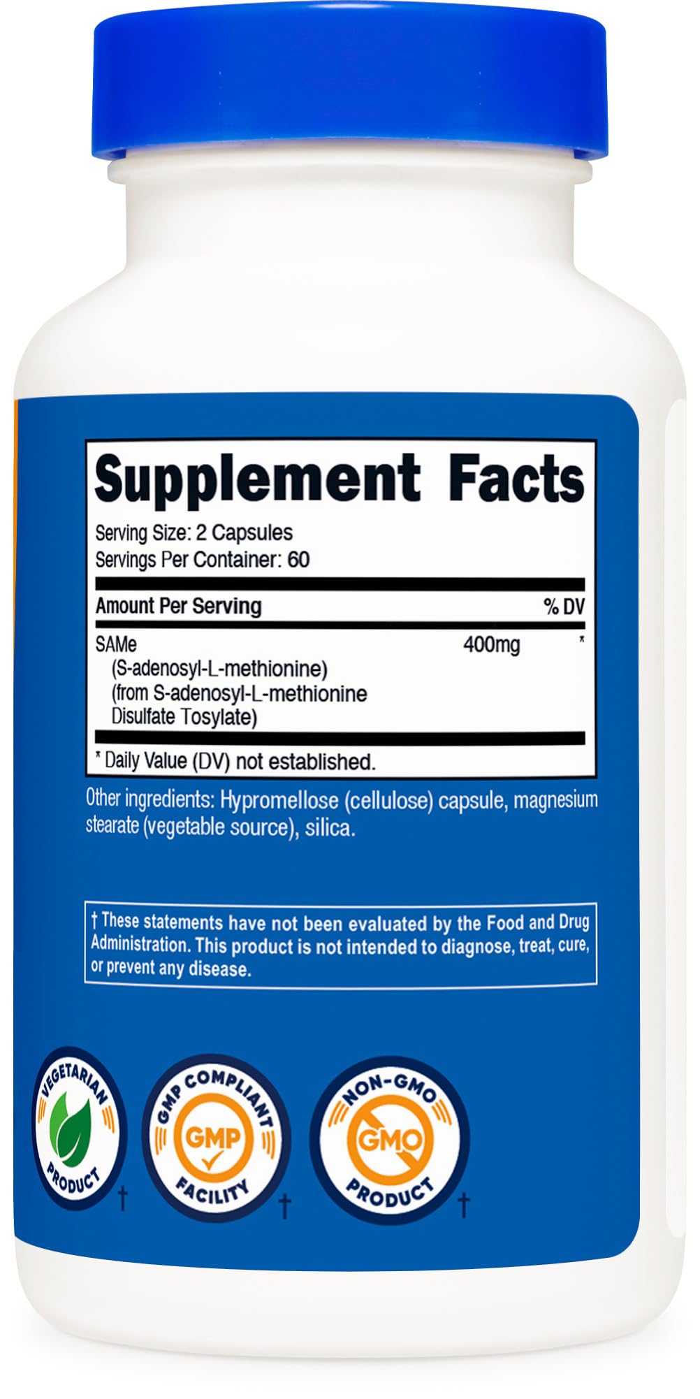 Nutricost SAM-e label closeup with Non-GMO gluten-free notes
