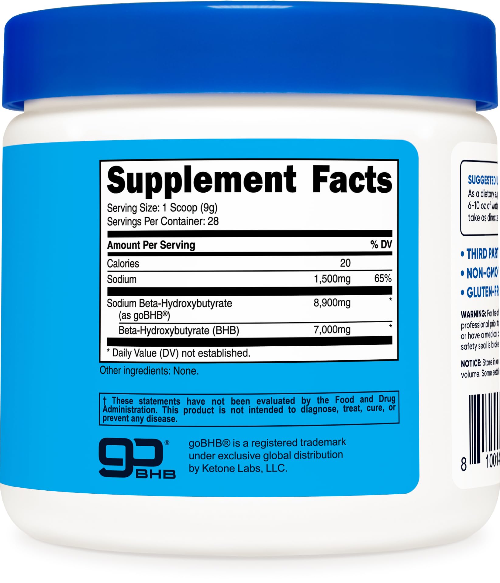 Nutricost Sodium BHB powder label closeup, highlights premium quality and ingredients.