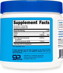 Nutricost Sodium BHB powder label closeup, highlights premium quality and ingredients.
