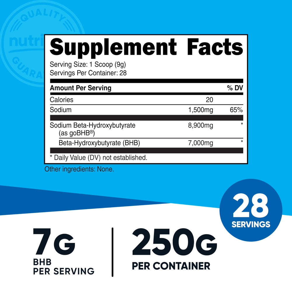 Nutricost Sodium BHB powder unflavored scoop, easy to mix into beverages.