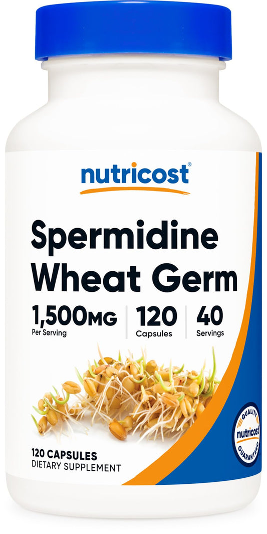 Nutricost Spermidine Wheat Germ Extract bottle front with clean label for daily wellness