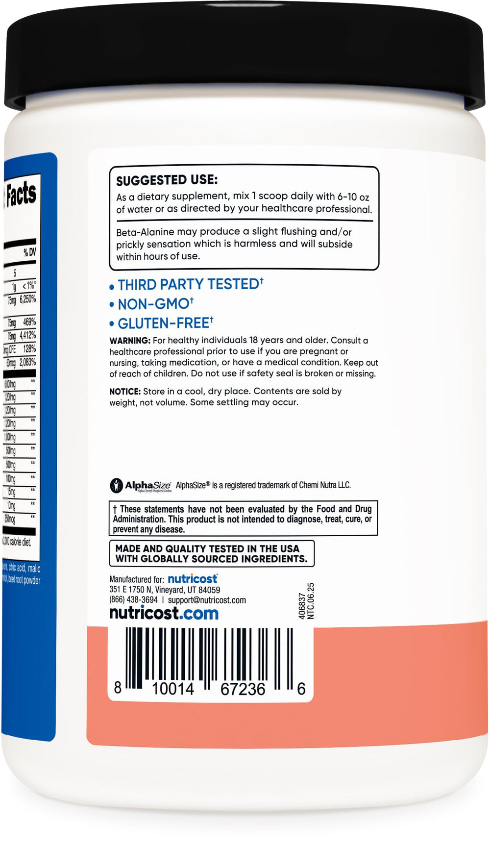 Nutricost Stim-Free pre-workout container emphasizes 1,200 mg Beta-Alanine for endurance potential.