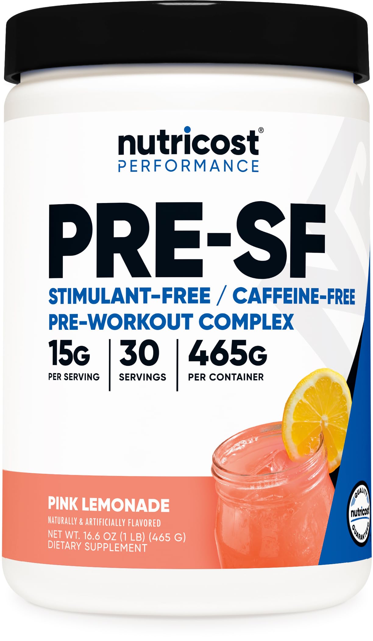 Nutricost Stim-Free Pre-Workout pink lemonade bottle, caffeine-free formula for steady, focused workouts.