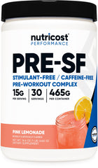 Nutricost Stim-Free Pre-Workout pink lemonade bottle, caffeine-free formula for steady, focused workouts.