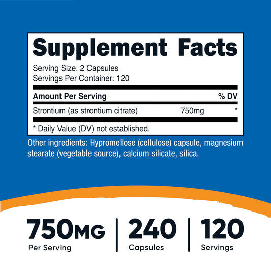 Nutricost Strontium veggie capsules close-up highlighting vegetarian, gluten-free formulation