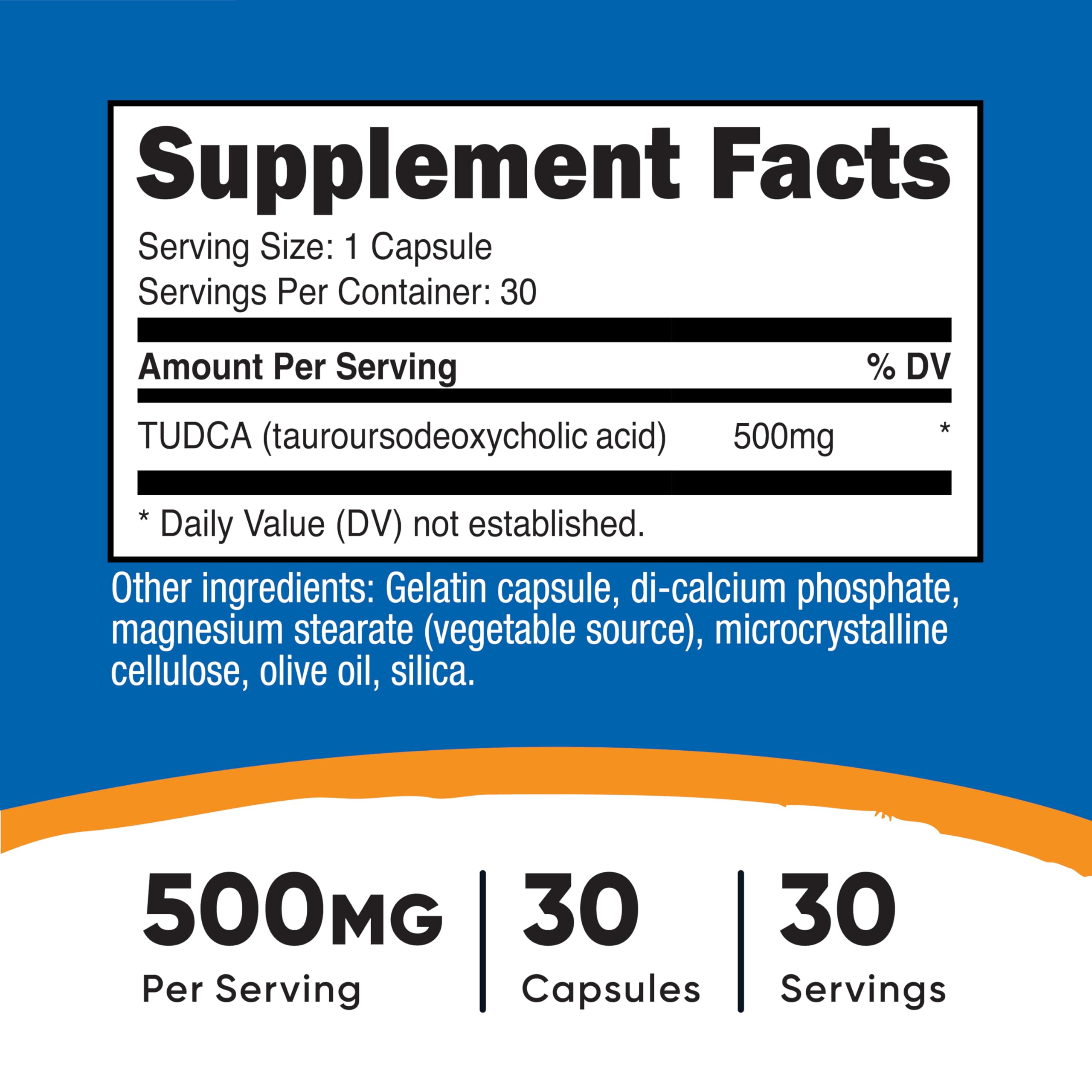 Nutricost Tudca 500mg bottle side view showing dosage label.